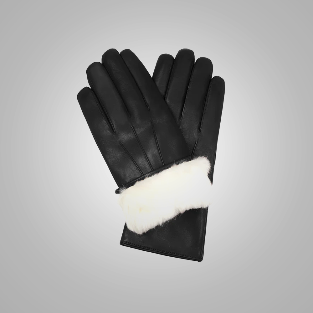 New Men Black Lambskin Leather Gloves with White Fur Lining