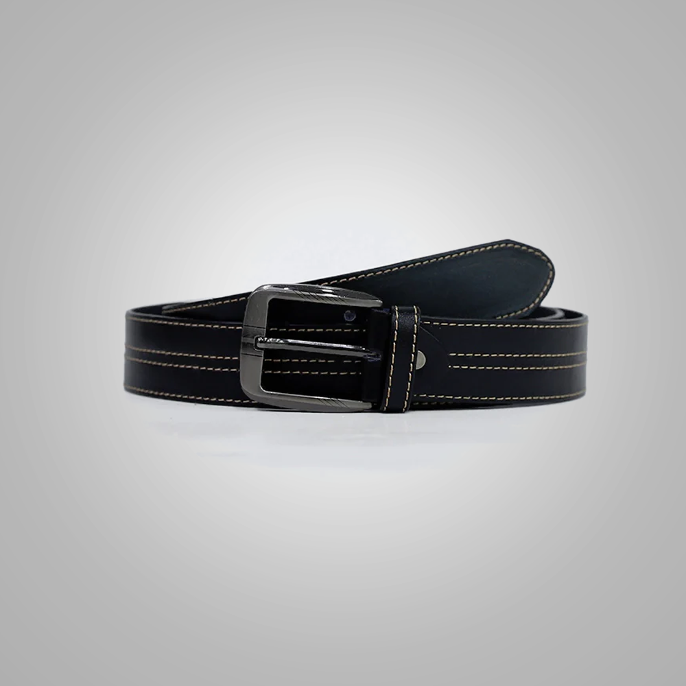 New Men White Contrast Stitch Black Leather Belt