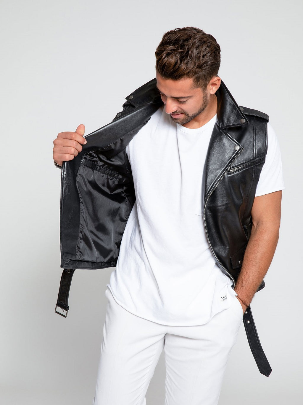 Men Biker Leather Vest - Shearling leather