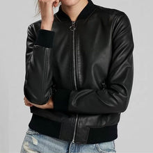 Load image into Gallery viewer, Classic Pure Lambskin Black Leather Bomber Jacket
