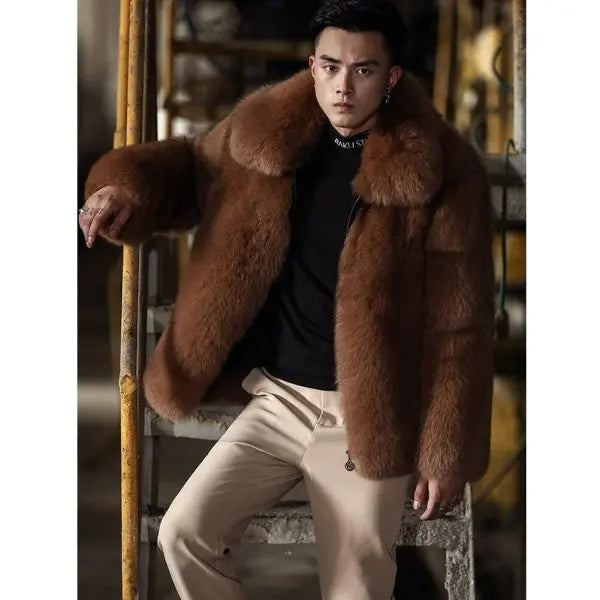 Mens Winter Fashion Black Short Fox Fur Leather Coat Jacket  