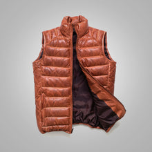 Load image into Gallery viewer, Brown Mens Shearling Bubble Leather Down Vest
