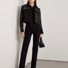 Load image into Gallery viewer, Women&#39;s Black Shearling Studded textured Cropped Leather Jacket
