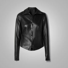Load image into Gallery viewer, Women&#39;s Black Slim Fit Smooth Sleeves Leather Shirt
