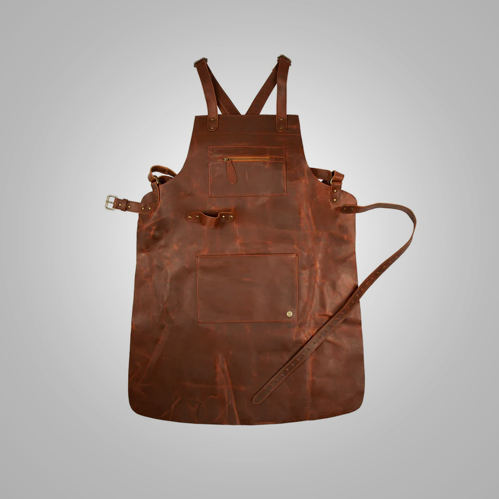 Men Brown Lambskin Cross Back Leather Apron