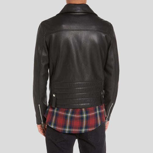 Caden Black Biker Leather Jacket - Shearling leather