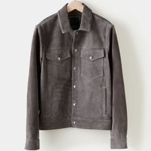 Load image into Gallery viewer, Men’s Chocolate Dark Charcoal Suede Leather  Bomber Jacket
