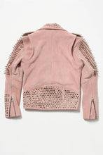 Load image into Gallery viewer, Pink Women Style Silver Spiked Studded Motorcycle Leather Jacket

