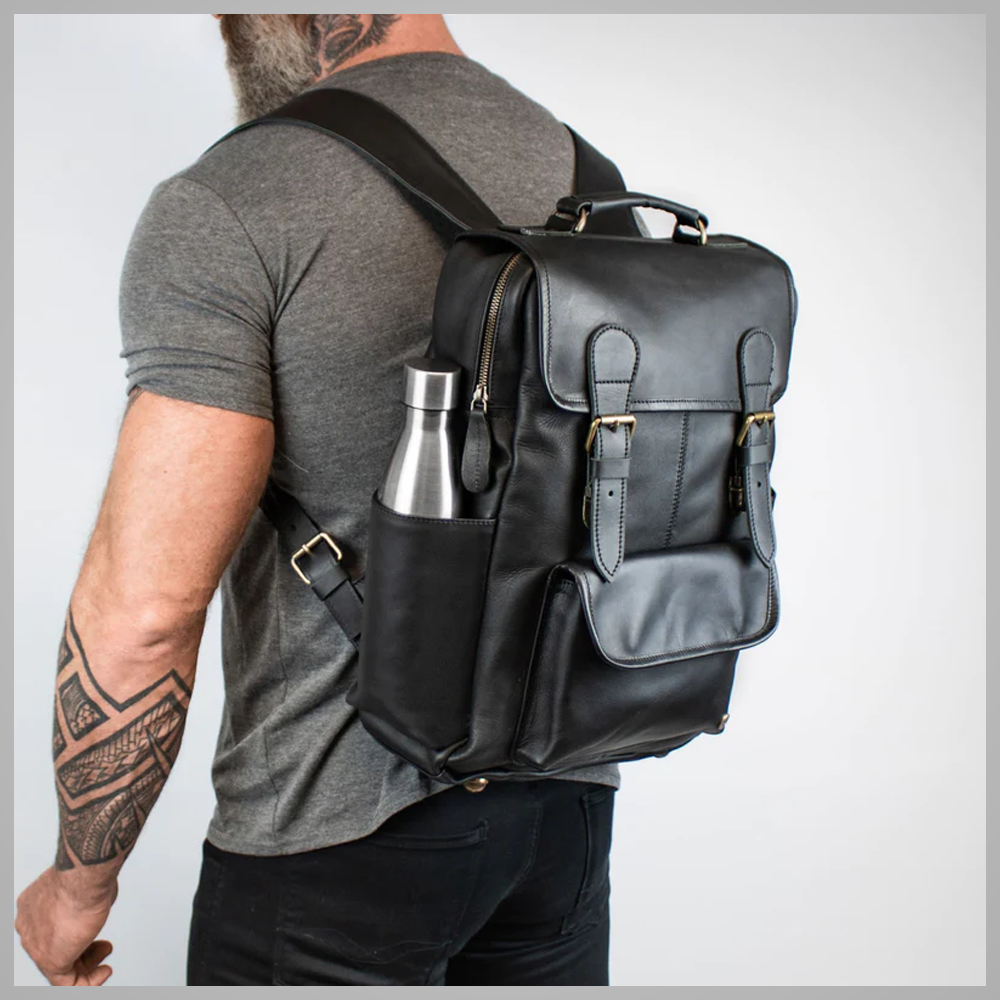 New Mens Black Lambskin Handmade with premium leather Classic Backpack