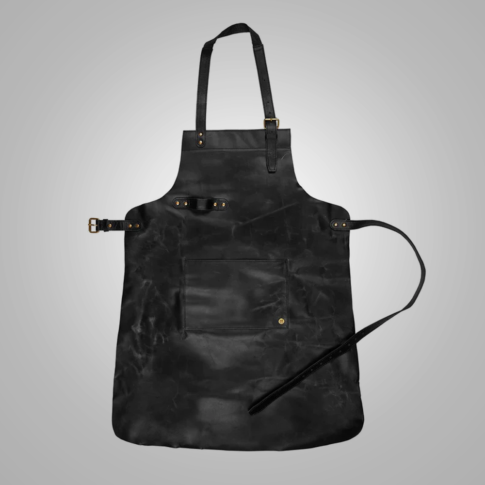 Men Black Handmade Sheepskin Long Leather Apron With Spacious Front Pocket for Tools