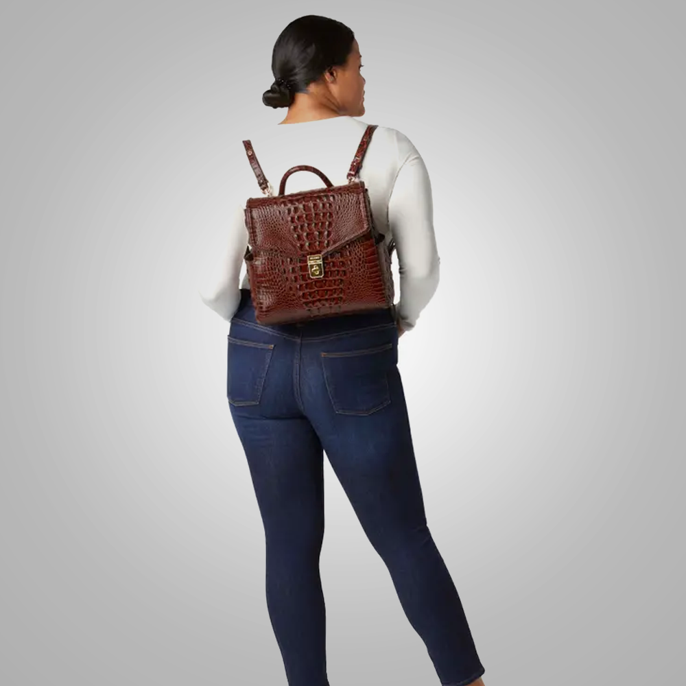 New Womens Brown Liz Croc Embossed Leather Convertible Backpack