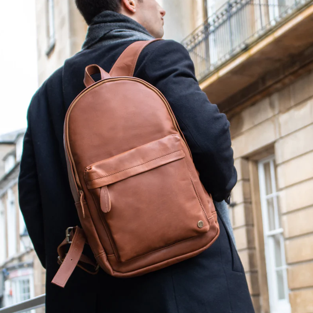 New Men's Brown Lambskin Leather Backpack With Internal Zip Pocket, Two Internal Compartments