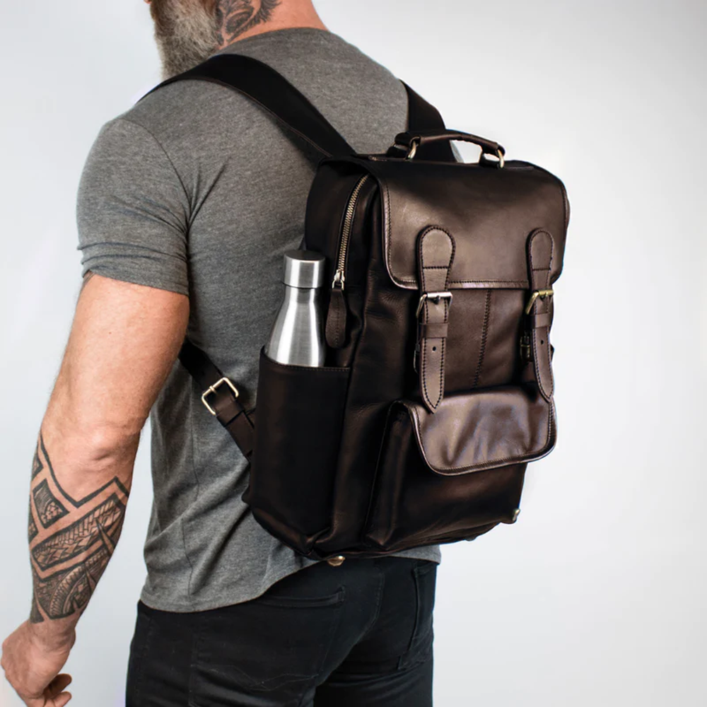 Mens Sheepskin Handmade Dark Brown Leather Backpack With Two Waterproof Lined Side Pockets