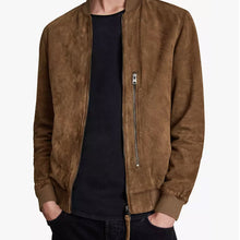 Load image into Gallery viewer, Mens Brown Suede Real Leather Bomber Jacket
