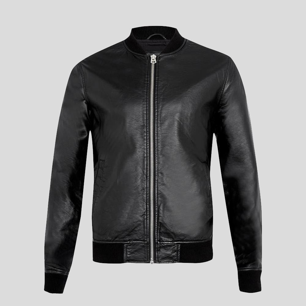 Bailei Black Bomber Leather Jacket - Shearling leather