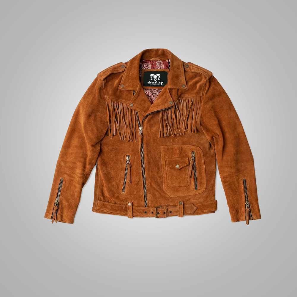 Brown Men Cowboy Style Fringes Suede Leather Western Jacket