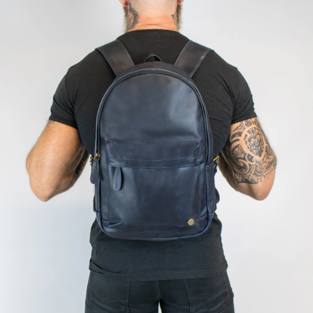 Men New Blue Handmade with Sheepskin Leather  Backpack