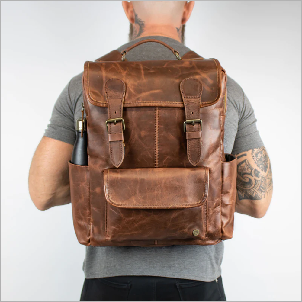 Men Brown Lambskin Leather Backpack 100% Cotton Lining in Main Compartment and Waterproof lining in the two side pockets