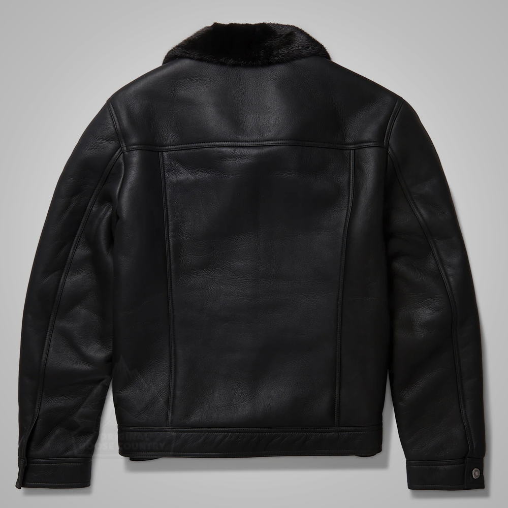 Men's Black B3 Shearling Real Sheepskin Leather Trucker Flying Jacket
