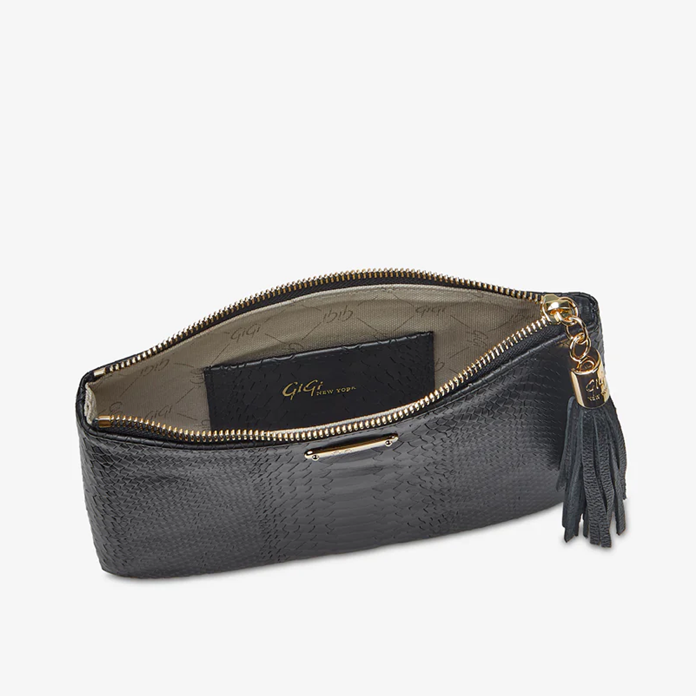Black Embossed Python Genuine Leather  Leather Clutches Fur Women