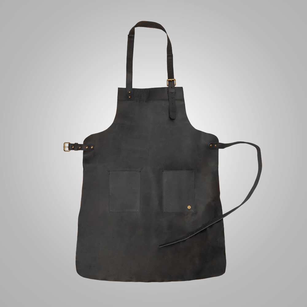 New Men Double Pocket Black Sheepskin Handmade Leather Apron