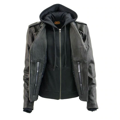 Ladies Black Vented MC Jacket with Removable Hoodie