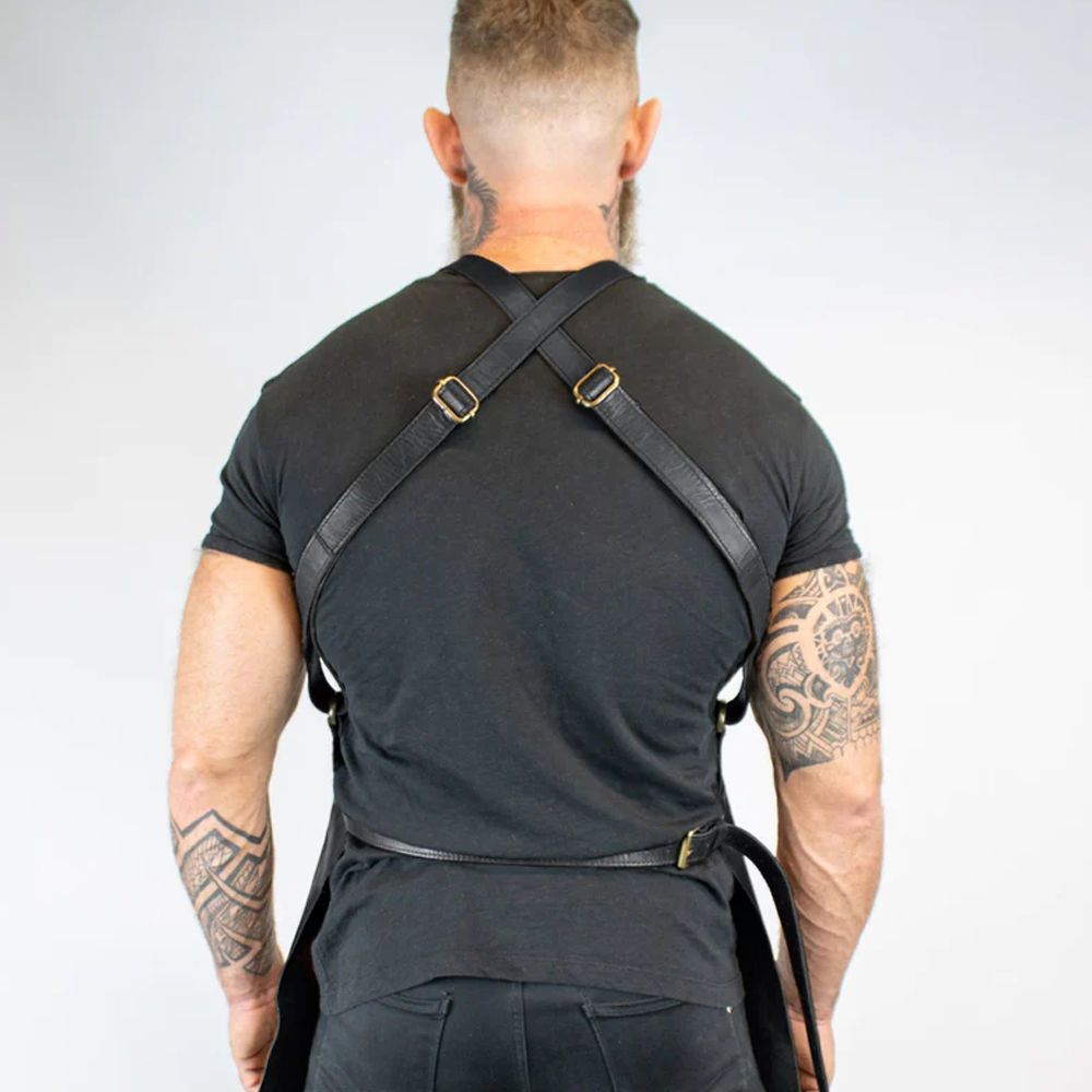 New Men Black Sheepskin Handmade Cross Back Leather Apron