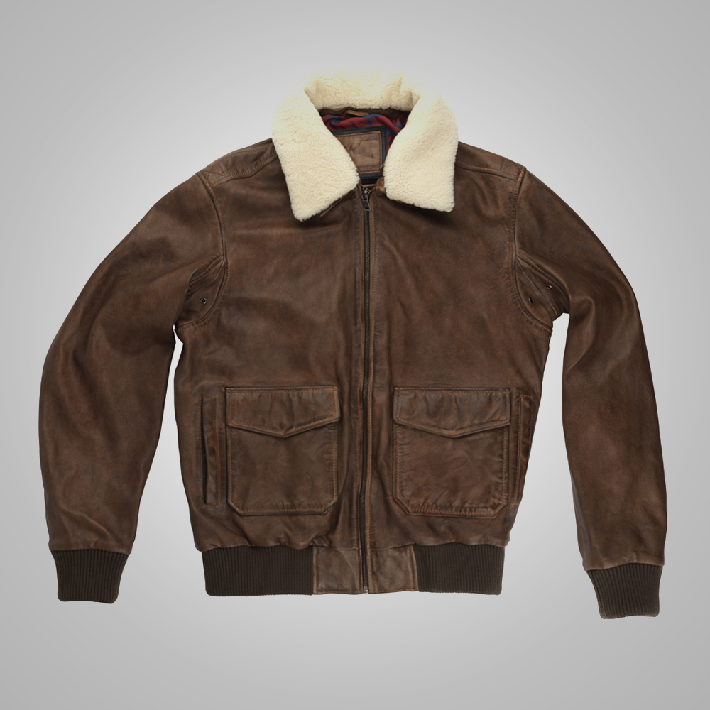 Mens Brown Waxed Sheepskin Aviator Leather Flight Jacket