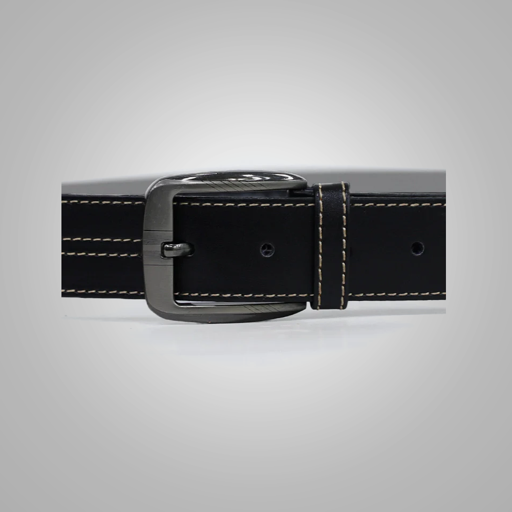 New Men White Contrast Stitch Black Leather Belt