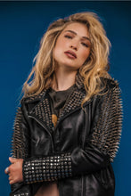 Load image into Gallery viewer, Women Black Punk Silver Long Spiked Studded Black Leather Jacket

