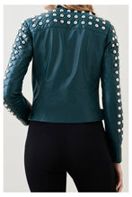 Load image into Gallery viewer, Women Chocolat Green Style Silver Spiked Studded Retro Motorcycle Leather Jacket

