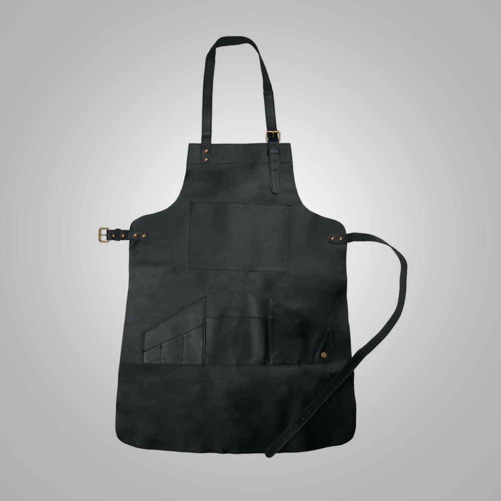 New Men Black Handmade with Premium Leather Multi Pocket Leather Apron