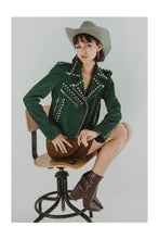 Load image into Gallery viewer, Women Green Style Silver Studded spiked Motorcycle Leather Jacket
