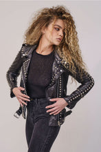 Load image into Gallery viewer, Women Black Style Silver Spiked Studded Leather Biker jacket
