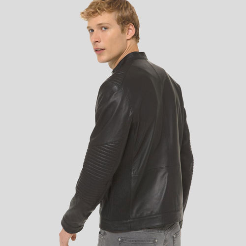 Claiborn Black Cafe Racer Leather Jacket - Shearling leather