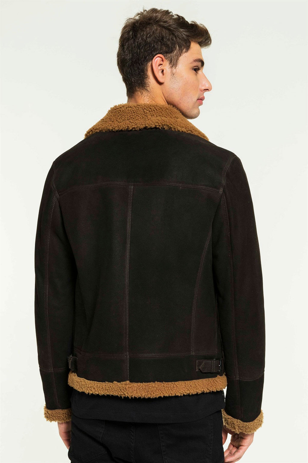 Back view of a black aviator shearling jacket 
