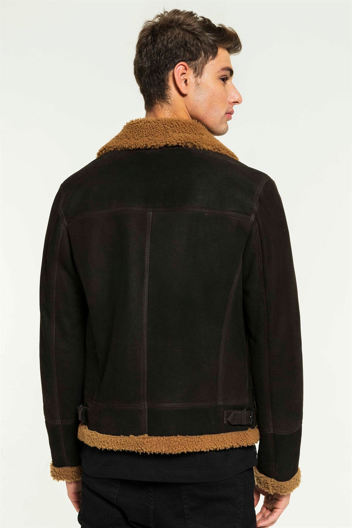 Back view of a black aviator shearling jacket 