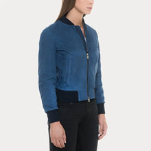 Load image into Gallery viewer, Blue Suede Bomber Jacket with Black Rib Knit Collar &amp; Cuffs
