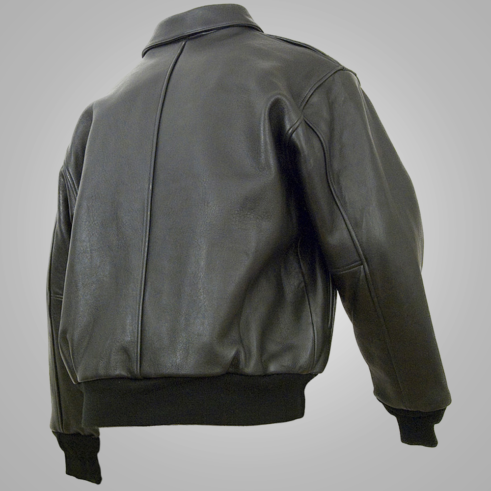back view of A brown leather men's flying jacket with a mandarin collar
