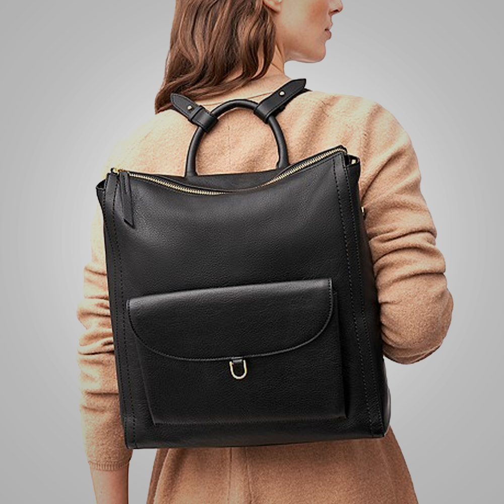 New Womens Black Sheepskin Leather Backpack With 1 Zipper Pocket, 2 Slide Pockets