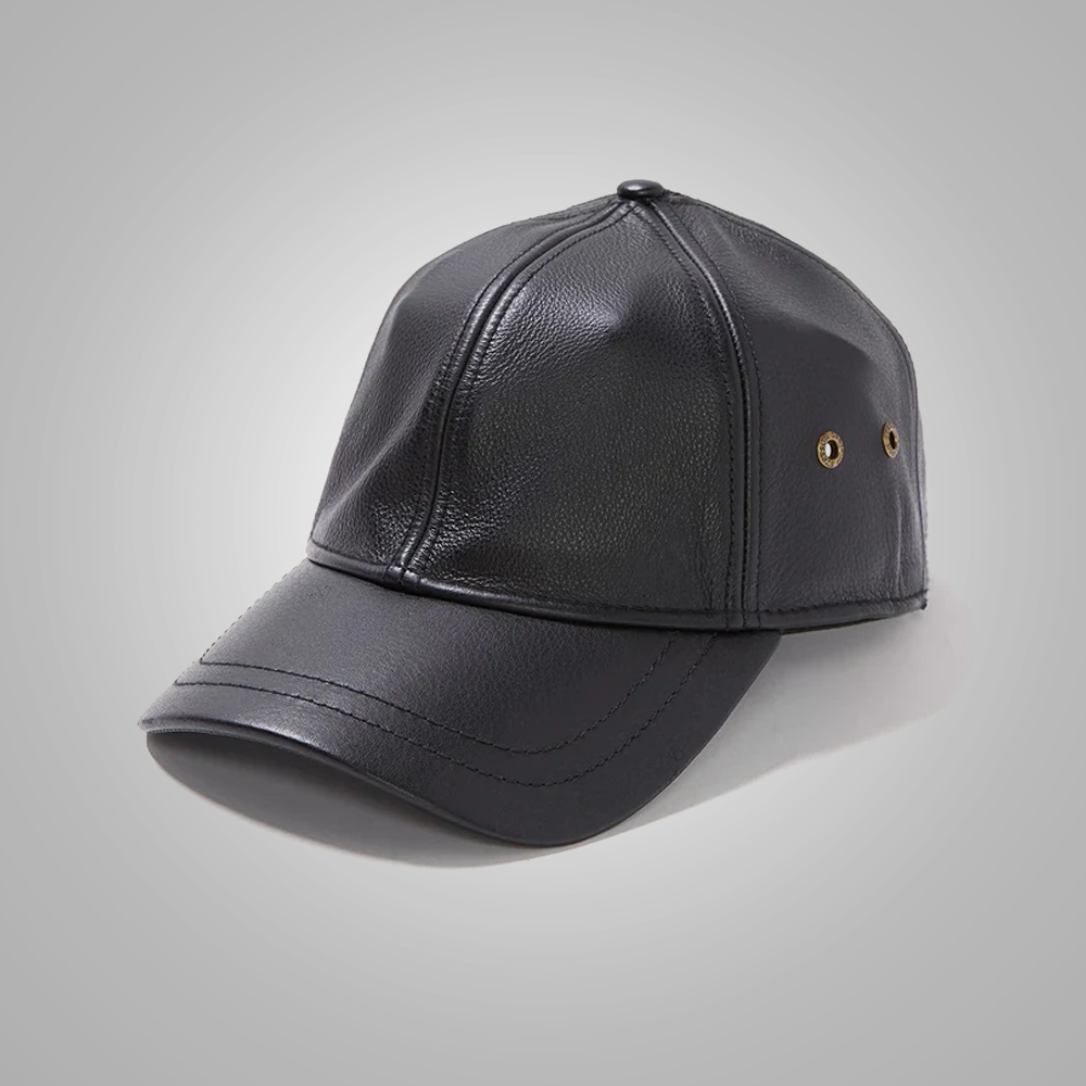 New Men sheepskin Black Leather Baseball Cap
