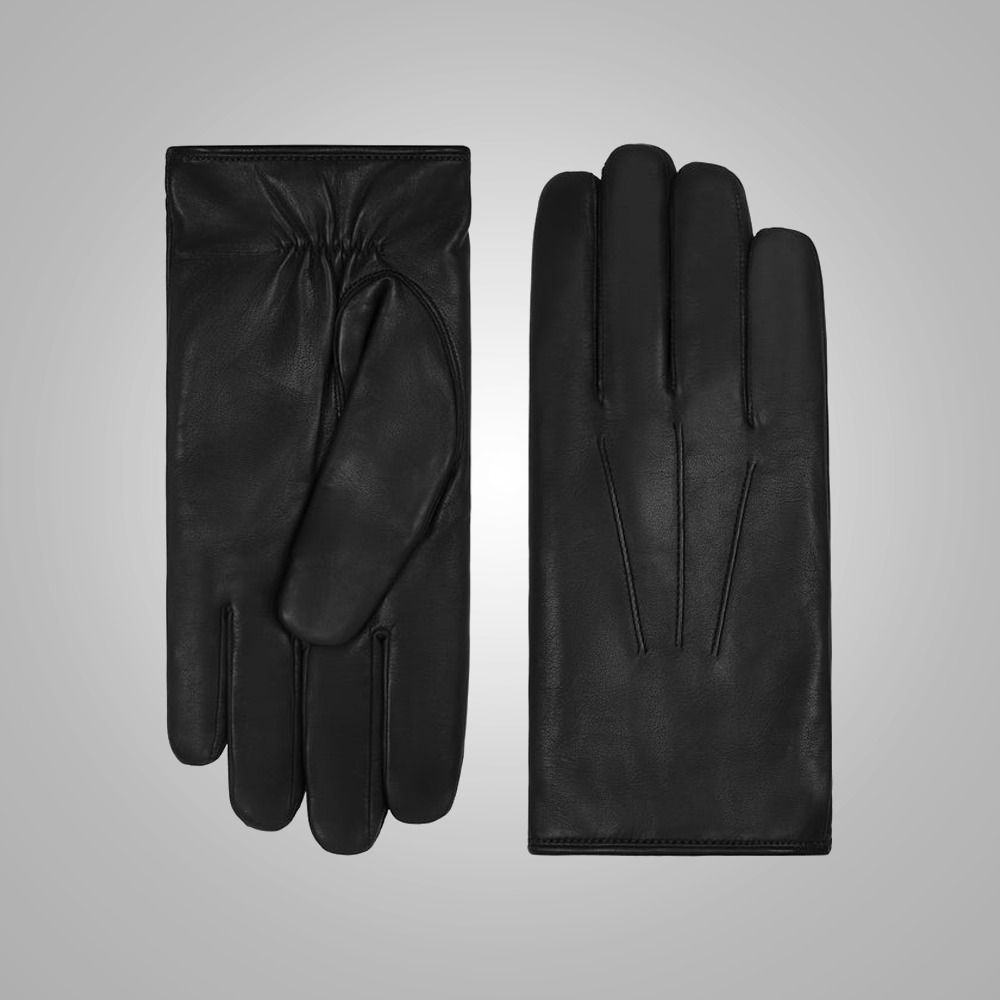 New Men Black Lambskin Leather Gloves with Brown fur Lining