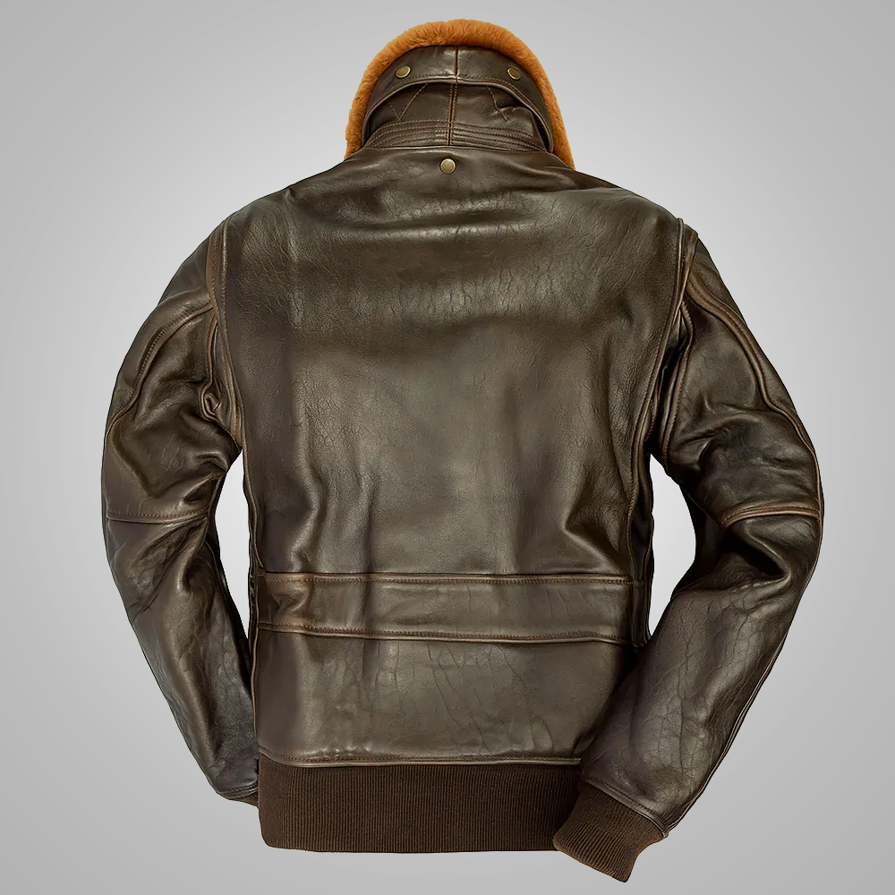 Back view of bomber leather jacket