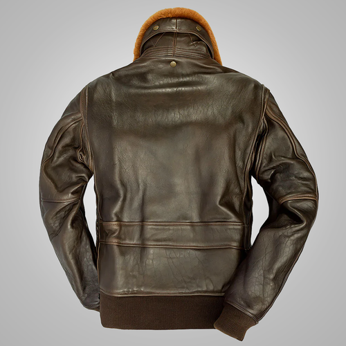 Back view of bomber leather jacket