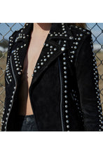 Load image into Gallery viewer, Women Style Silver Studded Black Suede Leather Jacket
