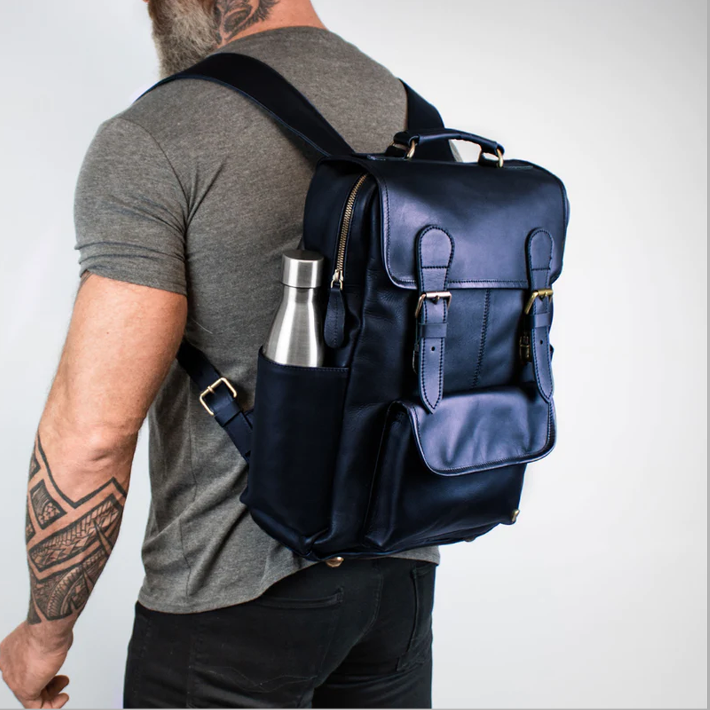 New Men's  Bule Sheepskin Leather Backpack With Robust YKK zippers