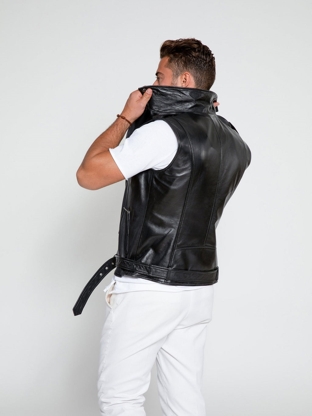 Men Biker Leather Vest - Shearling leather