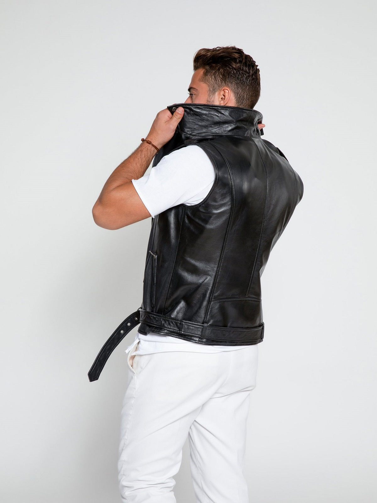 Men Biker Leather Vest - Shearling leather