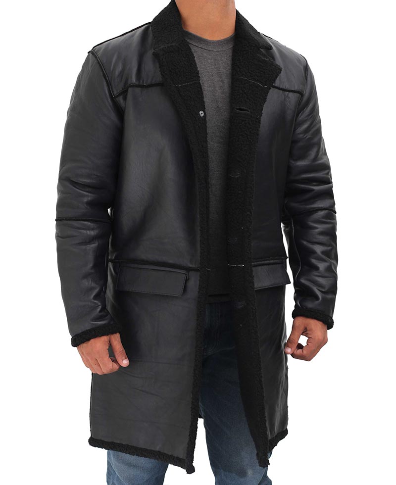 Mens Premium Black Shearling Winter Leather Coat