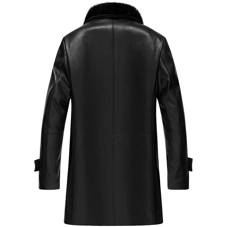 Mens Black Shearling 3/4 Length Winter Leather Coat